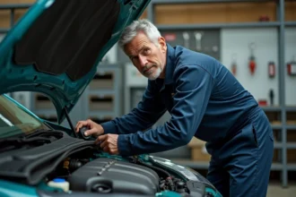 Mécanicien inspectant le moteur 1.5 dCi d'une Renault dans un garage professionnel