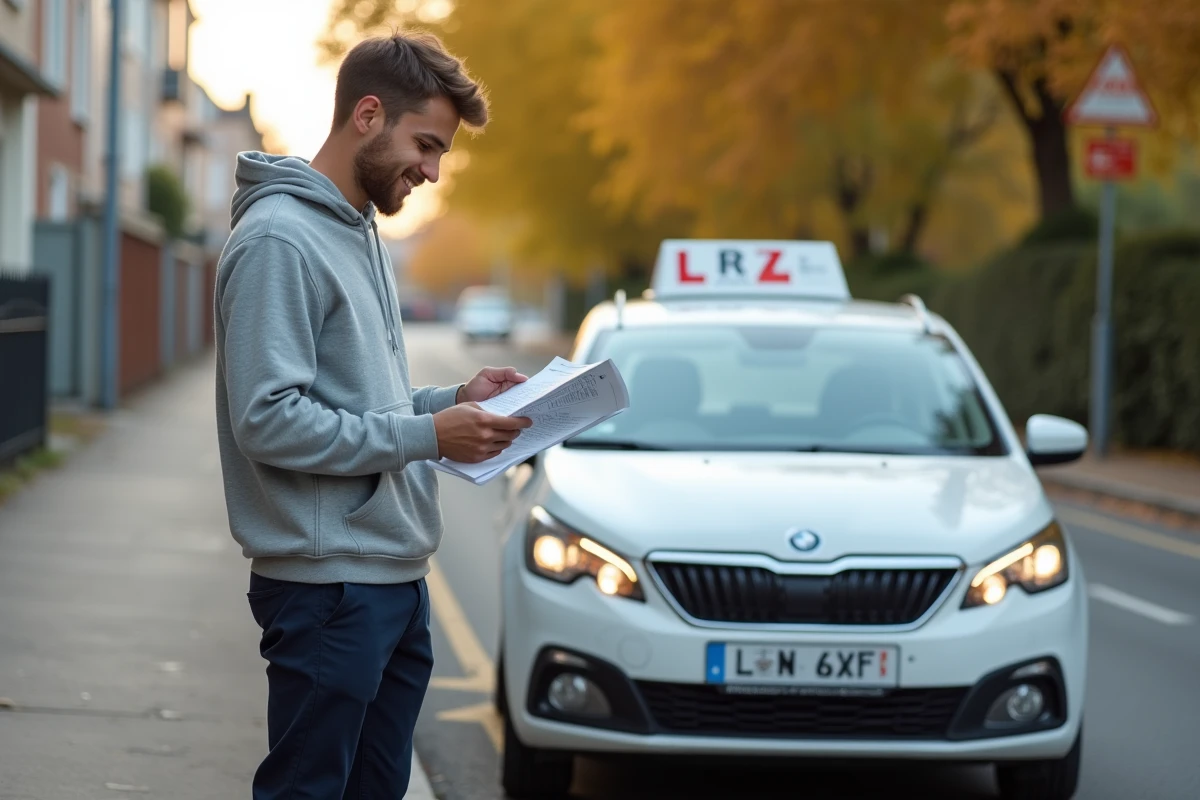 Jeune homme lisant la mention favorable de son permis de conduire devant une voiture d'auto-école