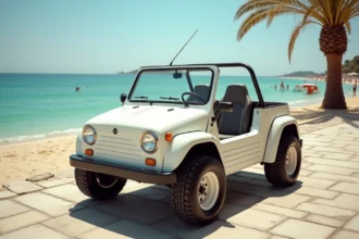 Mini Moke électrique garée sur une promenade côtière ensoleillée avec vue sur la mer Méditerranée