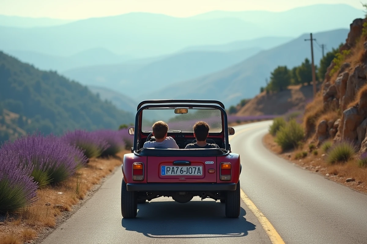 Mini Moke sur une route de montagne sinueuse bordée de champs de lavande dans le sud de la France