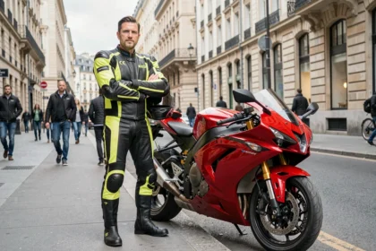 Motard en combinaison de cuir racing debout à côté d'une moto hypersportive rouge garée en ville, illustrant le coût élevé de l'assurance moto sportive