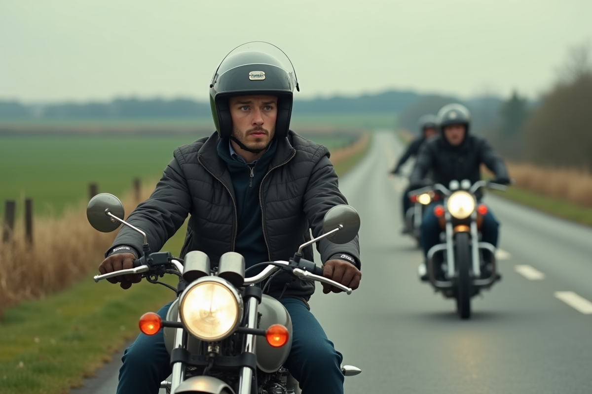 Jeune motard en route rurale en France avec casque levé