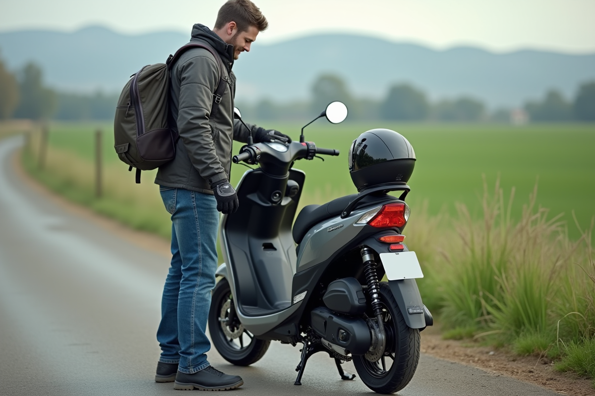 Motard ajustant son sac sur une moto en campagne
