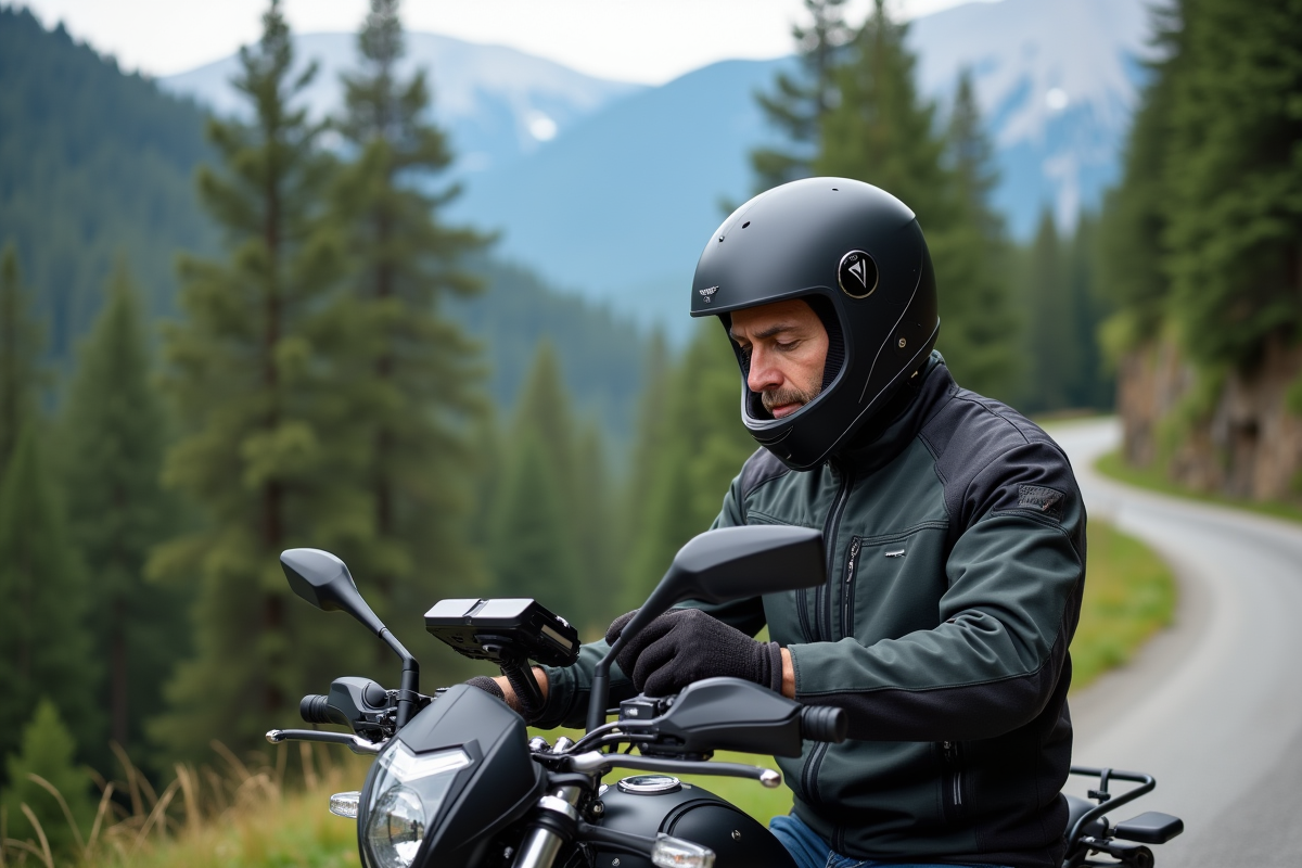 Motard d'âge moyen installant un GPS sur sa moto en forêt