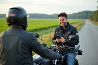 Homme en moto avec smartphone dans un paysage rural