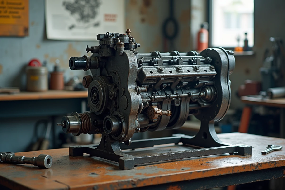 Moteur diesel 1.5 dCi démonté sur établi dans un atelier de mécanique