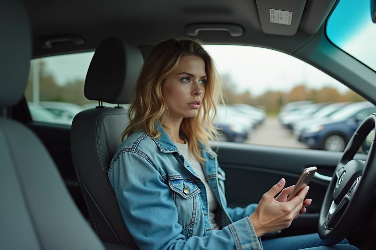 Femme laissant tourner le moteur de sa voiture essence à l'arrêt dans un parking, mauvaise habitude de conduite augmentant la consommation de carburant