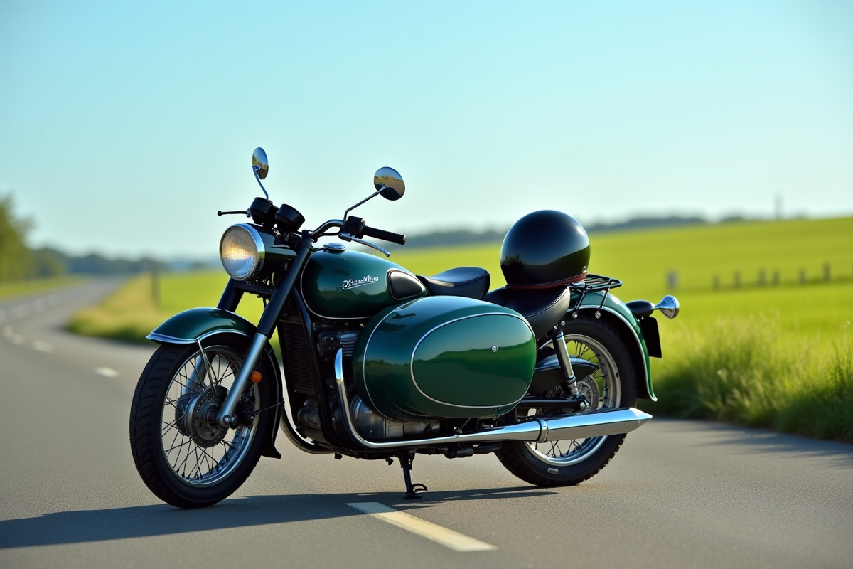 Moto classique avec sidecar sur route en campagne