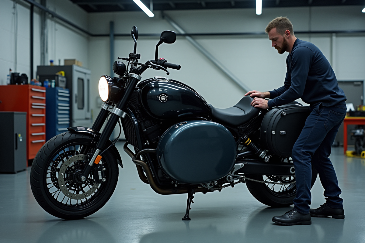 Mécanicien fixant un sidecar à une moto moderne en atelier