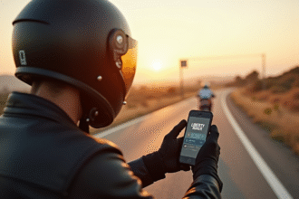 Motocycliste vérifiant son smartphone avec Liberty Rider à l'arrêt