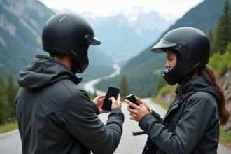 Deux motards en montagne examinant leur équipement de communication