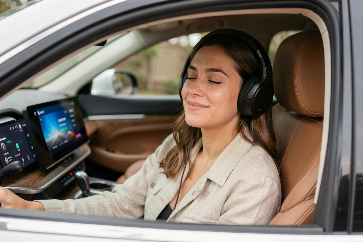 Femme écoutant de la musique avec un casque dans l'habitacle d'un SUV Peugeot, interface multimédia visible sur l'écran tactile