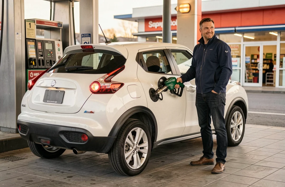 Nissan Juke blanc à la station-service, homme faisant le plein illustrant la consommation de carburant d'un SUV urbain compact