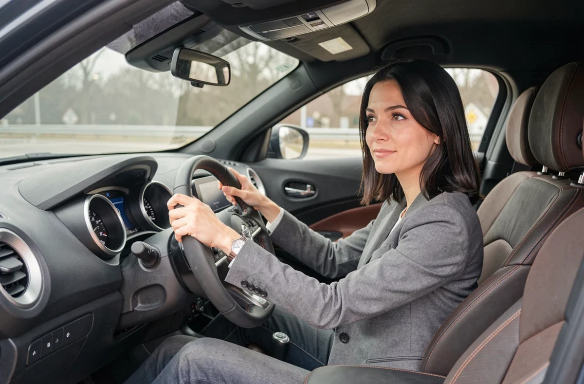 Intérieur du Nissan Juke avec tableau de bord numérique et conductrice au volant dans un habitacle moderne et confortable