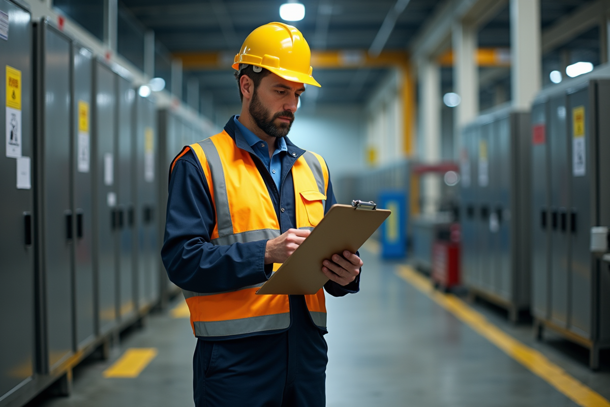 Ouvrier en usine vérifiant une checklist de sécurité