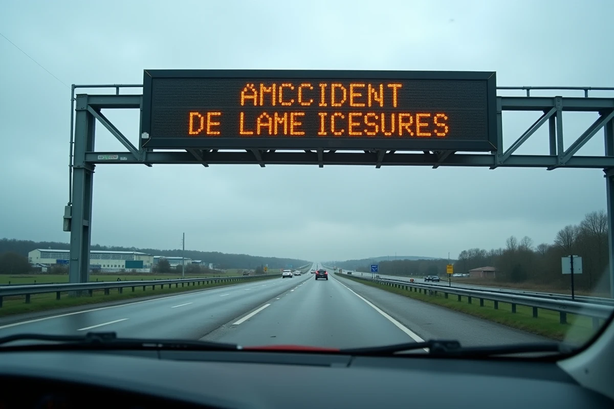 Panneau à message variable sur autoroute signalant un accident et des restrictions de circulation dans le nord