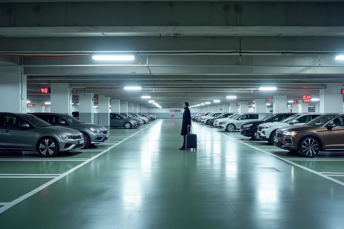 Vue grand angle d'un parking souterrain avec emplacements abonnés réservés aux professionnels près d'une gare