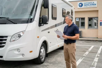 Homme vérifiant les documents de passage aux mines de son camping-car dans un centre de contrôle technique officiel