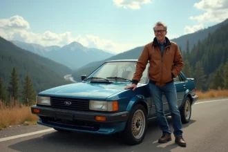 Homme passionne de voitures devant une Subaru WRX STI en montagne