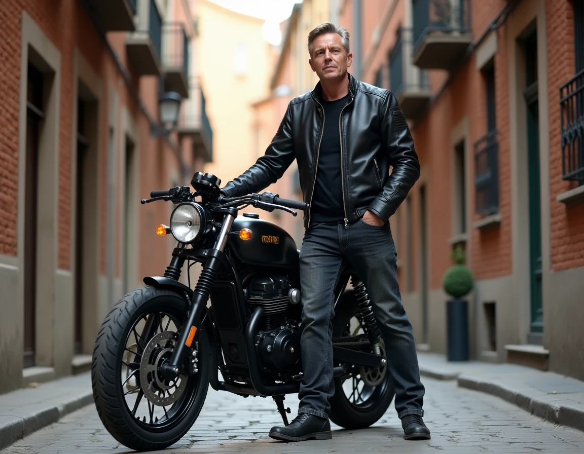 Passionné de moto posant avec une Moto 3.0 style scrambler dans une ruelle urbaine pavée