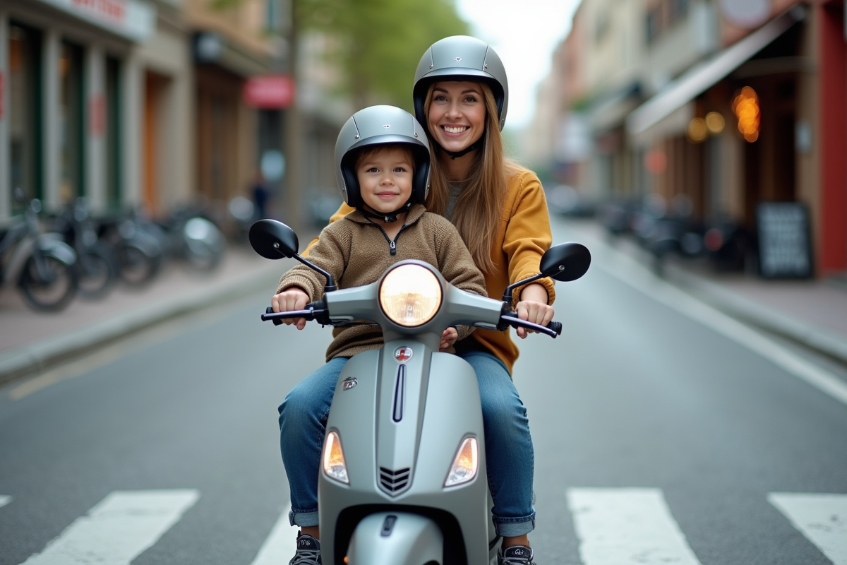 Femme et jeune garçon en scooter en ville