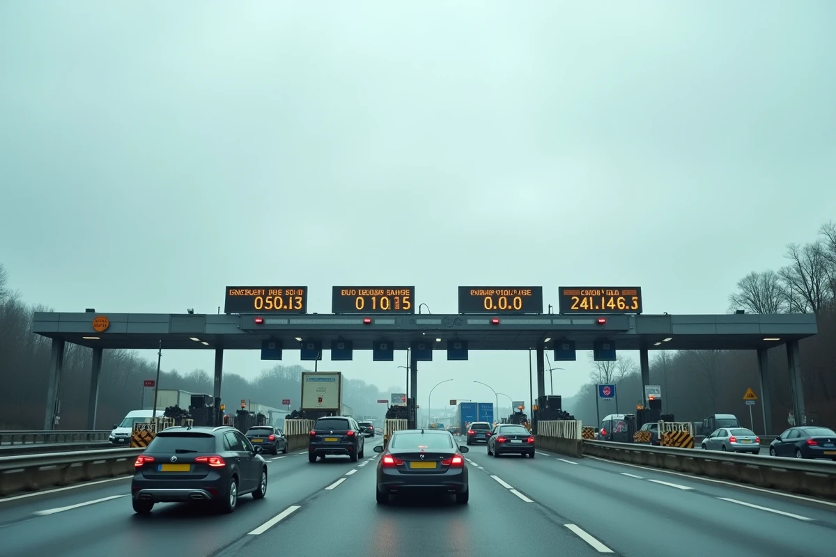 Voitures faisant la queue à un péage d'autoroute en France, avec affichage électronique des tarifs visibles
