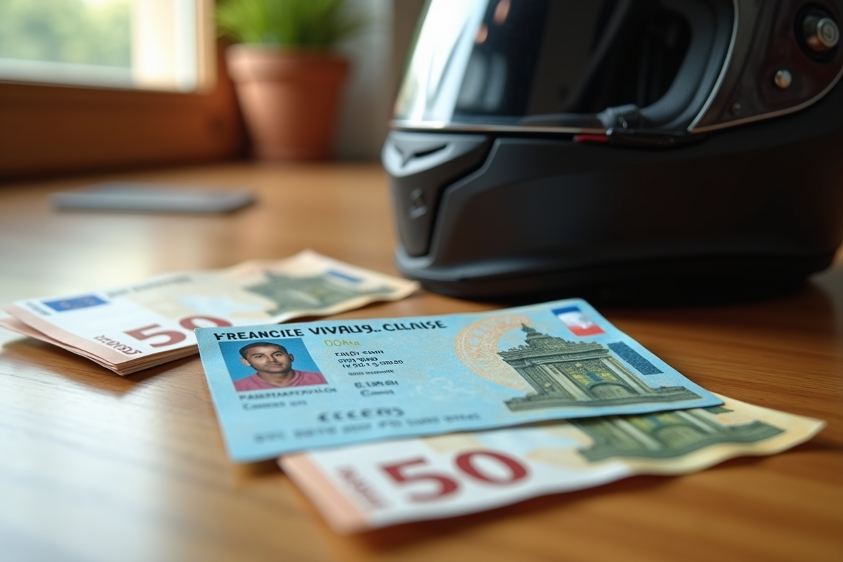 Permis de conduire français billets et casque moto sur bureau lumineux