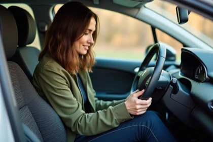 Femme installant une housse de siège personnalisée dans l'intérieur d'une Peugeot 308 pour personnaliser l'habitacle à petit budget