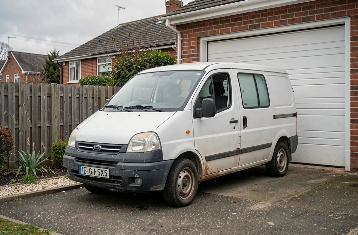 Petite fourgonnette utilitaire d'occasion garée devant un garage