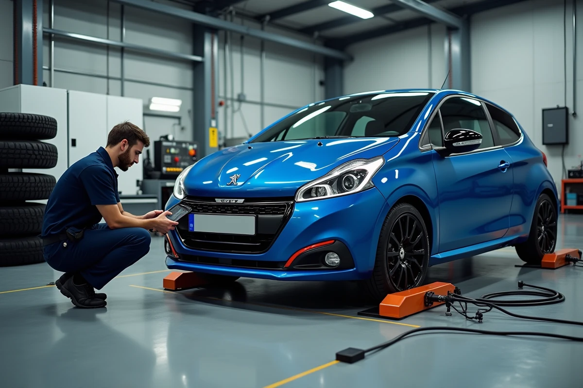 Peugeot 208 GTI sur banc de puissance dans un atelier automobile avec technicien et équipement de mesure
