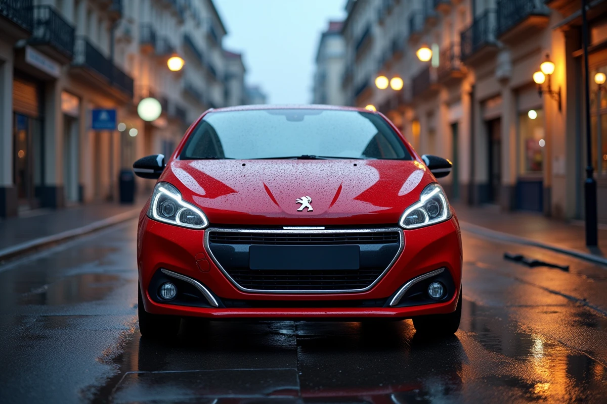 Peugeot 208 GTI rouge capot entrouvert dans une rue urbaine humide mettant en valeur le moteur turbo et le badge GTI
