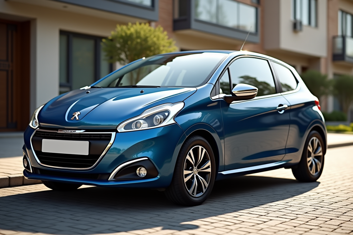 Voiture Peugeot 208 d'occasion stationnée dans une rue résidentielle ensoleillée