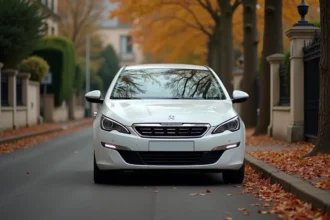 Peugeot 308 blanche garée dans une rue résidentielle française vue en angle 3/4 avant