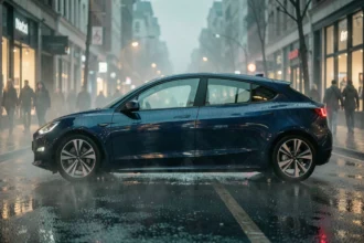 Voiture électrique Peugeot e-208 garée dans une rue urbaine sous la pluie, ambiance nocturne et reflets sur l'asphalte mouillé