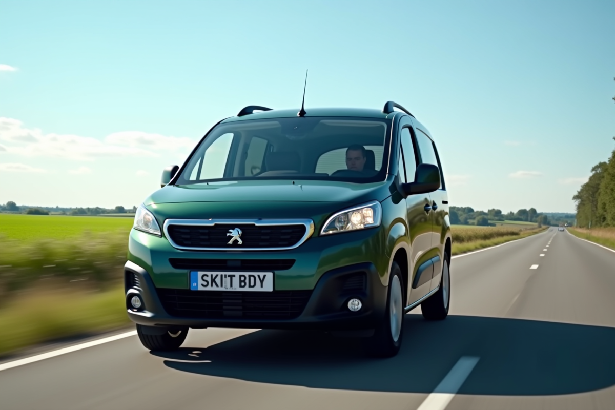 Peugeot Partner Tepee en mouvement sur une route de campagne verte