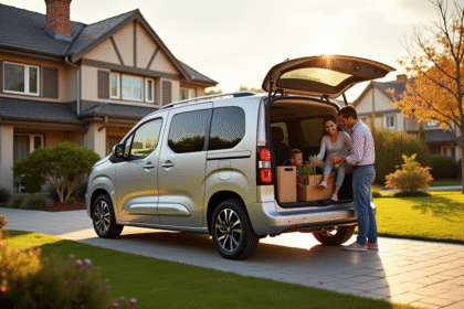 Peugeot Partner Tepee garé devant une maison familiale ensoleillée