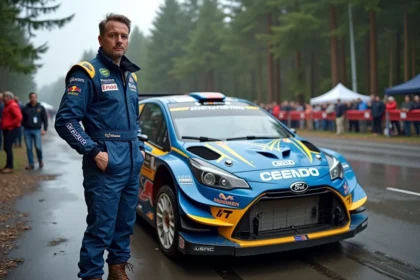 Pilote de rallye en tenue bleue inspectant une voiture WRC