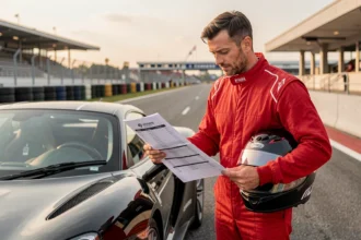 Pilote en combinaison rouge examinant la grille tarifaire d'un stage de pilotage sur circuit automobile