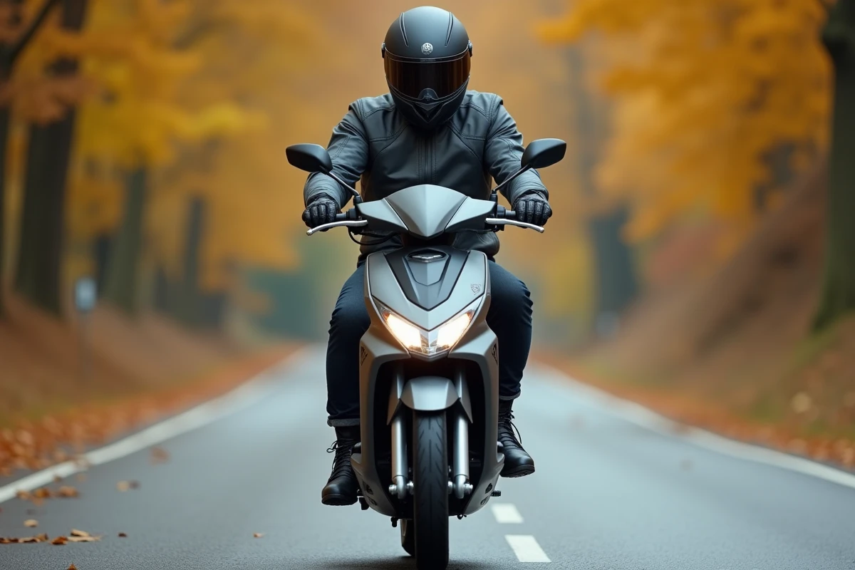 Jeune motard roulant doucement sur un Yamaha TZR 50cc lors du rodage sur route de campagne