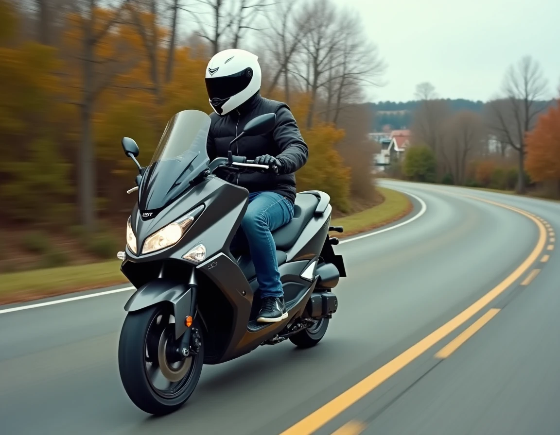 Pilote en train de conduire un Yamaha XMAX 125 sur une route sinueuse, illustrant sa vitesse et sa maniabilité