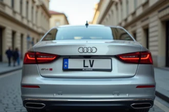 Plaque d'immatriculation lettone LV sur une voiture garée dans une rue pavée européenne