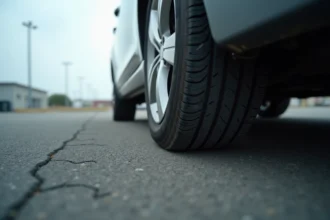 Pneu avant usé avec usure irrégulière sur une voiture garée, signe de bruit et vibrations au volant