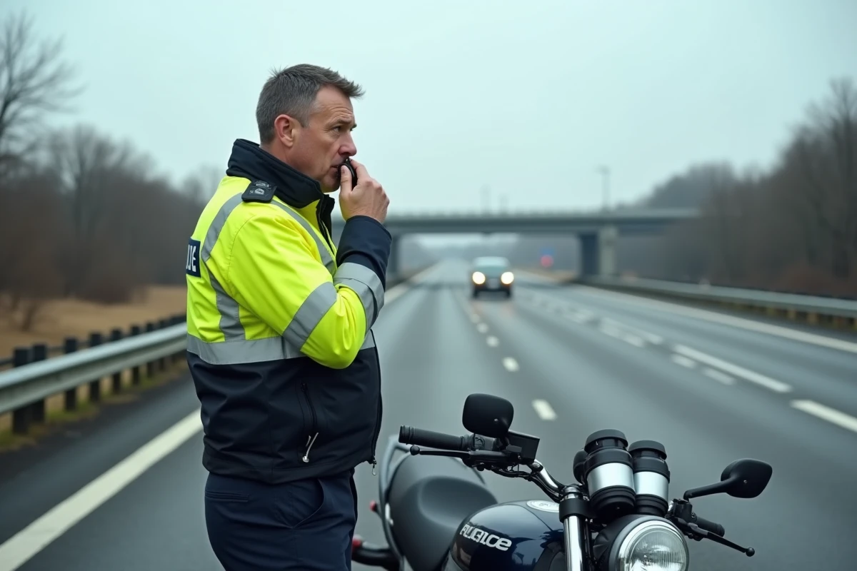 Agent de la police autoroutière en veste haute visibilité sur le bord d'une autoroute du nord de la France