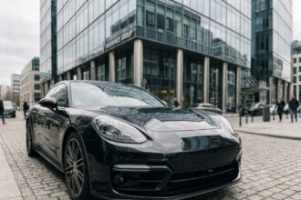 Porsche Panamera noire garée devant une agence d'assurance moderne en milieu urbain