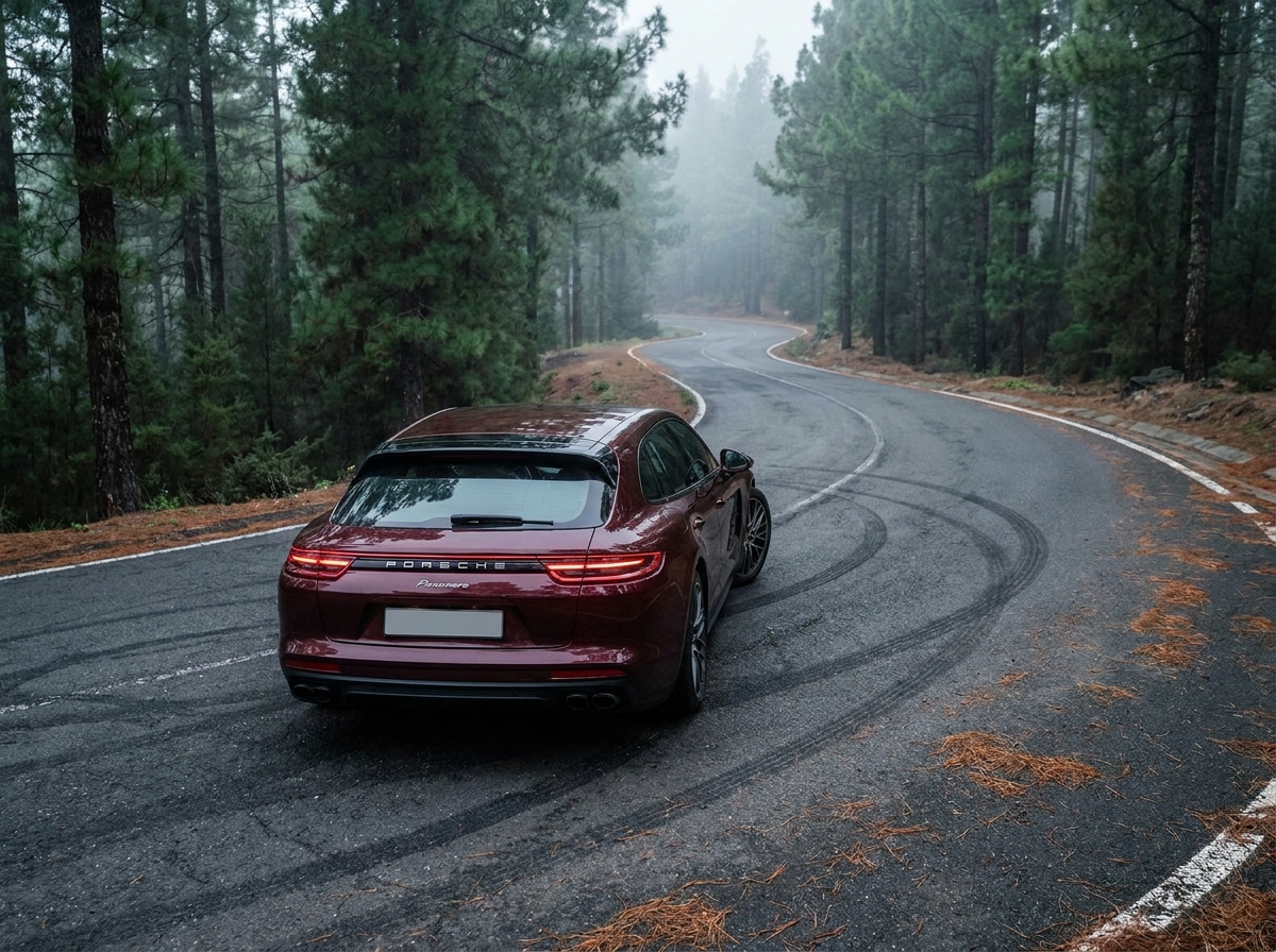 Porsche Panamera bordeaux sur une route de montagne sinueuse entourée de forêts de pins