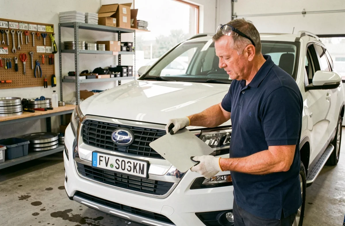 Technicien automobile posant une nouvelle plaque d'immatriculation SIV sur un SUV blanc en atelier