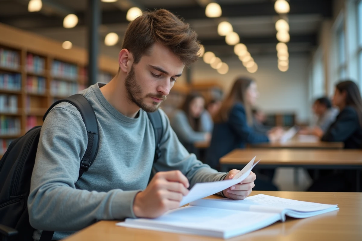 Jeune homme consultant un questionnaire PDF imprimé pour préparer l'oral du permis de conduire en bibliothèque