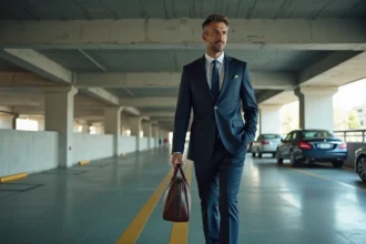 Professionnel en costume traversant un parking couvert moderne près de la gare de Valence avec une mallette en cuir