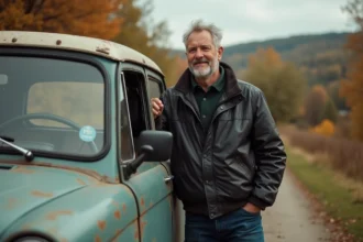 Propriétaire français satisfait appuyé contre une LADA Niva garée sur une route de campagne en automne