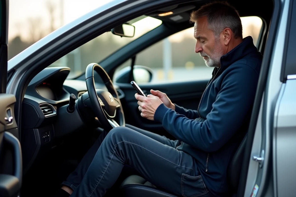 Propriétaire d'une Peugeot 308 assis côté conducteur consultant son téléphone, intérieur i-Cockpit visible